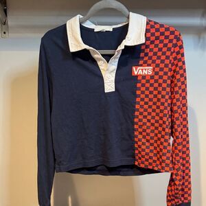 Vans Navy and Red Checkered Long Sleeve Crop Polo